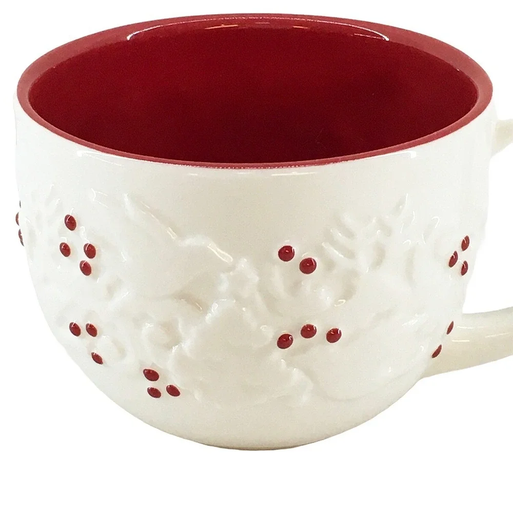 STARBUCKS 2008‎ Embossed Holiday Coffee Mug • 12oz • white, red